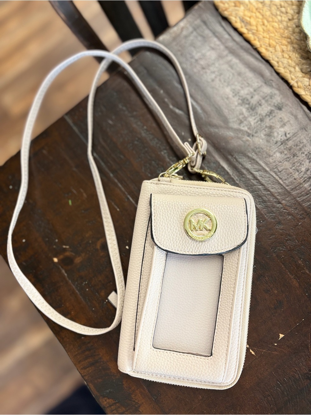 Michael Kors Light Beige Crossbody Phone Pouch with Gold Logo